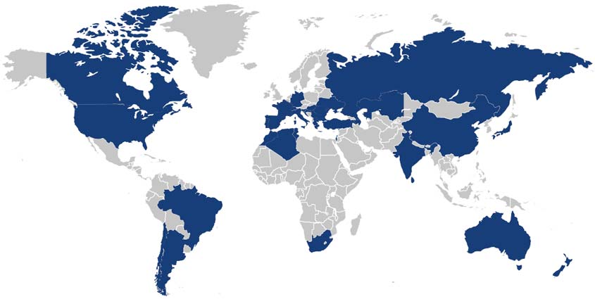 Carte représentant l'implentation à l'international de Pera Pellenc sur l’ensemble des zones viticoles dans le monde